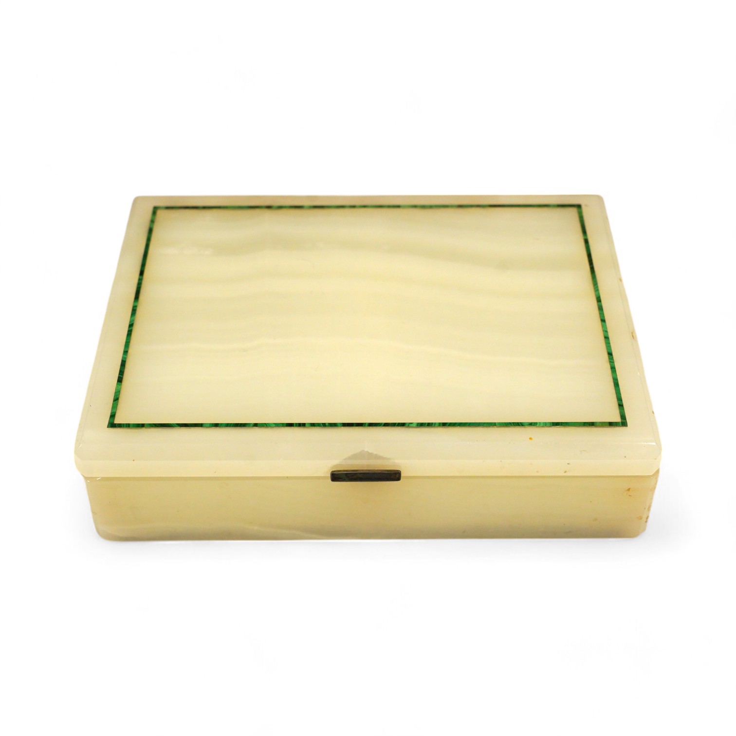 An Art Deco white onyx and malachite-banded box, with silver-gilt hinge hallmarked for London 1938, 19 x 14 x 5cm. Condition - poor to fair